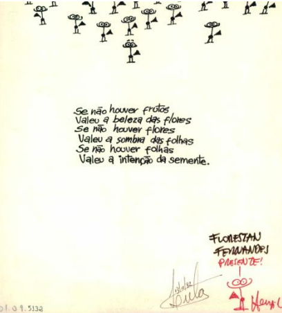 Cartão postal do Presidente Lula para Florestan Fernandes com arte do cartunista Henfil